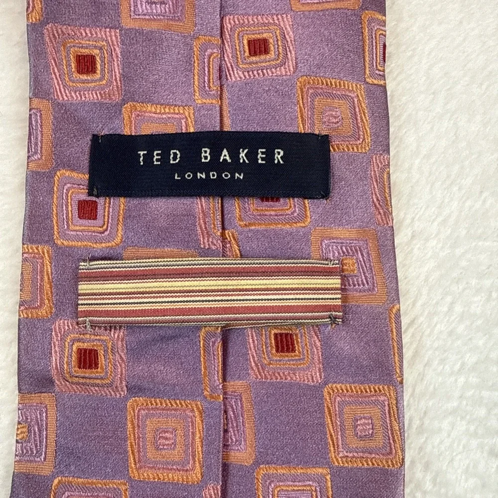Ted Baker London Mens Silk Tie Purple Geometric Square Pattern Made in USA
